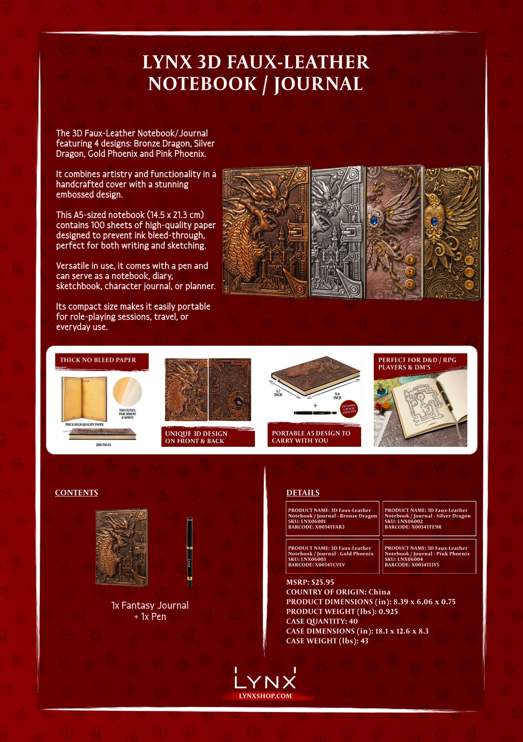 Bronze Dragon 3D Embossed Faux-Leather A5 Journal with Pen