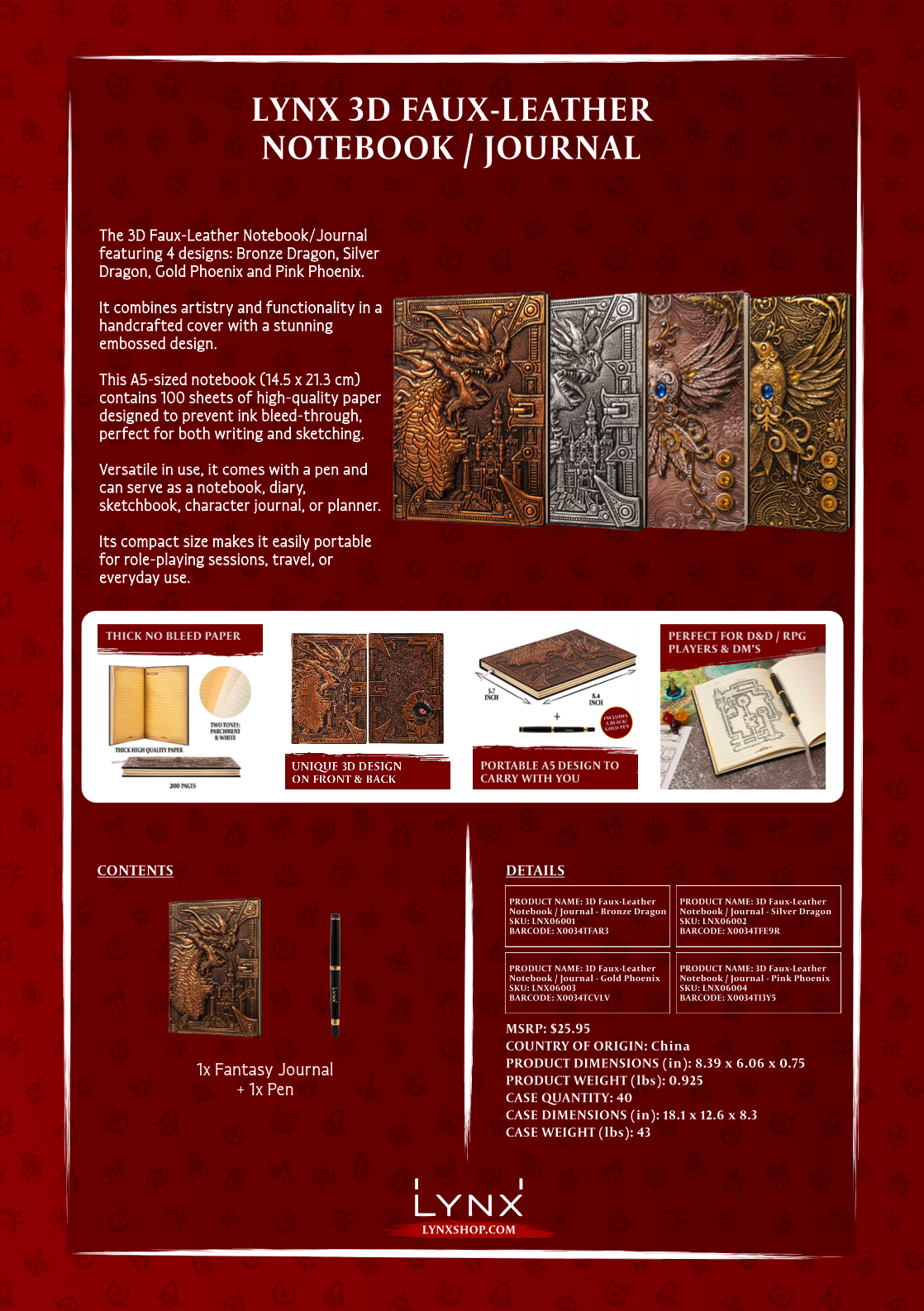 Bronze Dragon 3D Embossed Faux-Leather A5 Journal with Pen