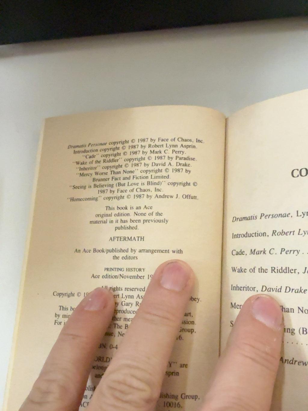 Aftermath Thieves' World Book 10 copyright and printing history page
