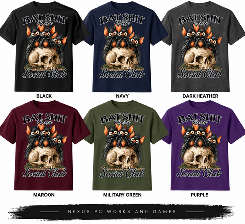 Bat Shit Crazy Social Club T-shirt available in black, navy, dark heather, maroon, military green, and purple