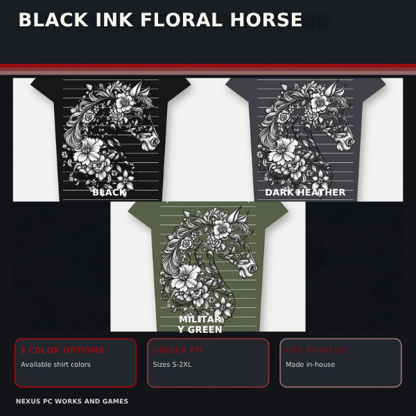 Black Ink Floral Horse T-shirt promotional collage with available color options and product benefits