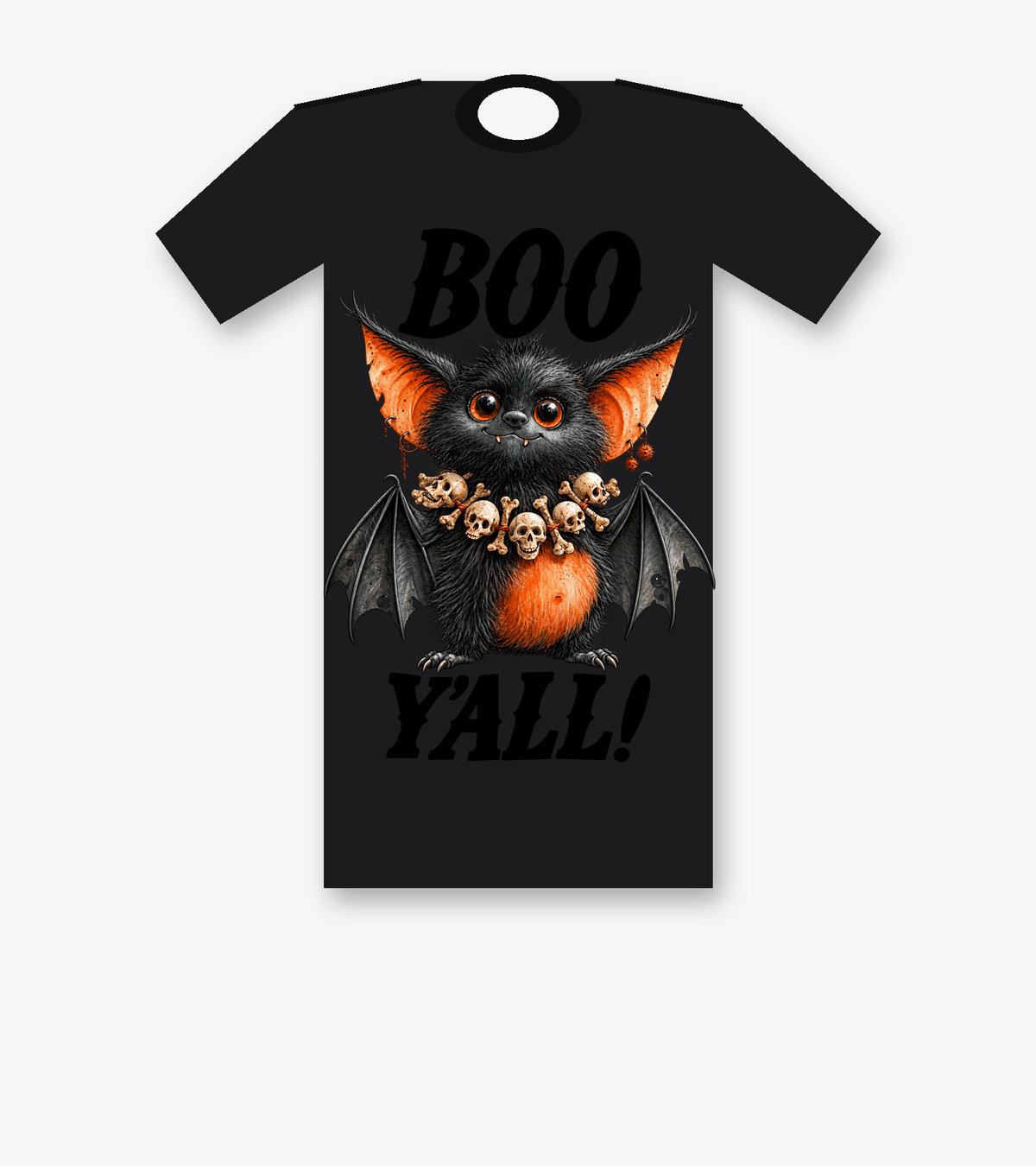 BOO Y'ALL Halloween graphic tee in black, featuring a fuzzy winged bat creature with orange details and a skull necklace