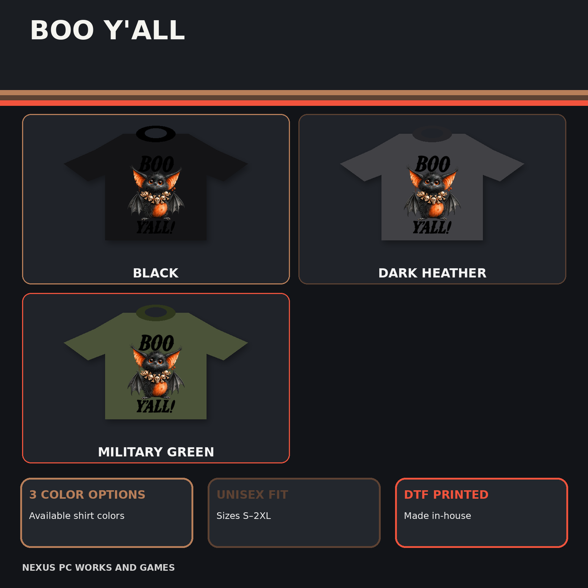 BOO Y'ALL Halloween bat tee shown in black, dark heather and military green