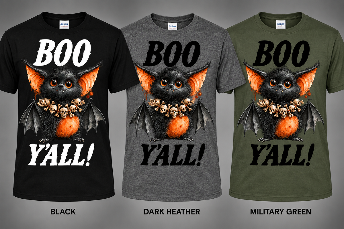 BOO Y'ALL Halloween bat T-shirt in Black, Dark Heather, and Military Green