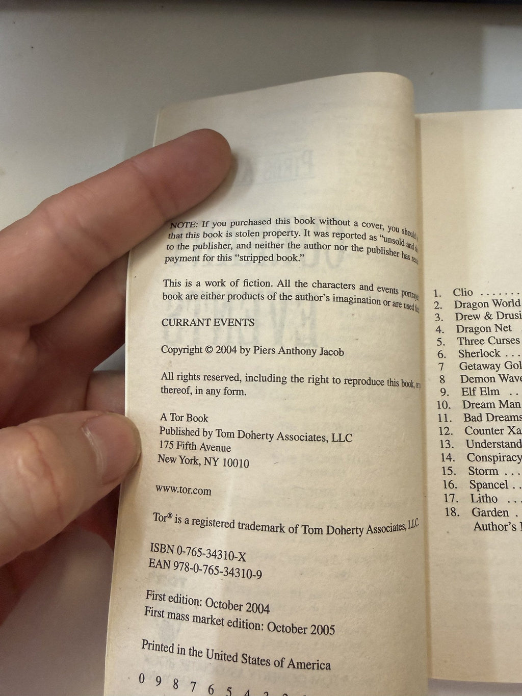 Copyright page of Currant Events, first mass-market edition October 2005