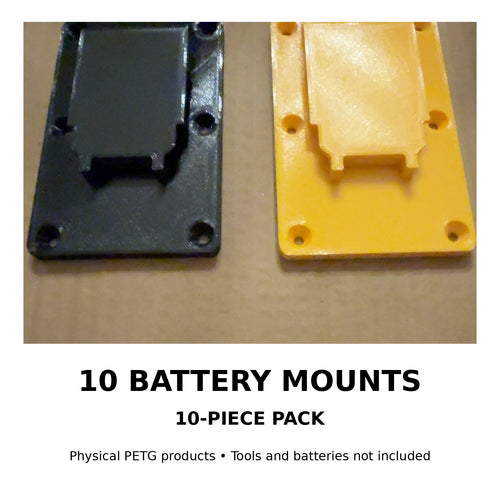 10-pack of PETG battery mounts compatible with DEWALT 20V MAX-style batteries