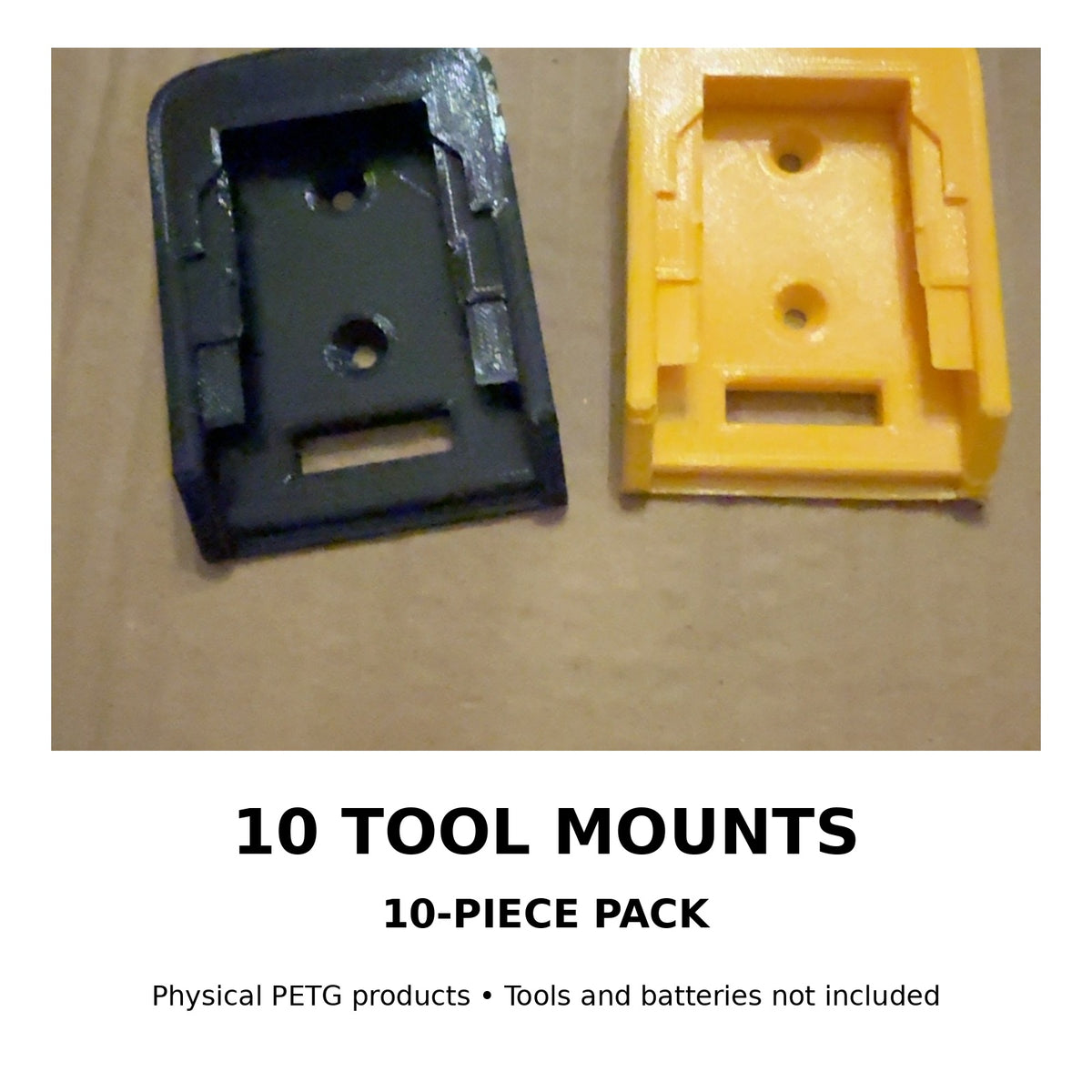 10-pack of PETG tool mounts compatible with DEWALT 20V MAX-style cordless tools