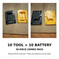 10 tool mounts plus 10 battery mounts compatible with DEWALT 20V MAX-style tools and batteries, 20-piece PETG combo pack