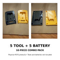 5 tool mounts plus 5 battery mounts compatible with DEWALT 20V MAX-style tools and batteries, 10-piece PETG combo pack