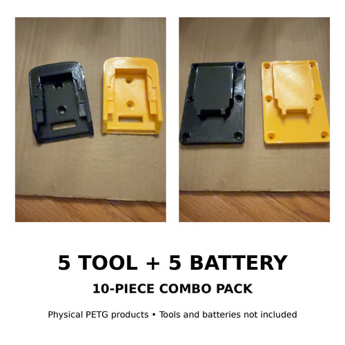 5 tool mounts plus 5 battery mounts compatible with DEWALT 20V MAX-style tools and batteries, 10-piece PETG combo pack