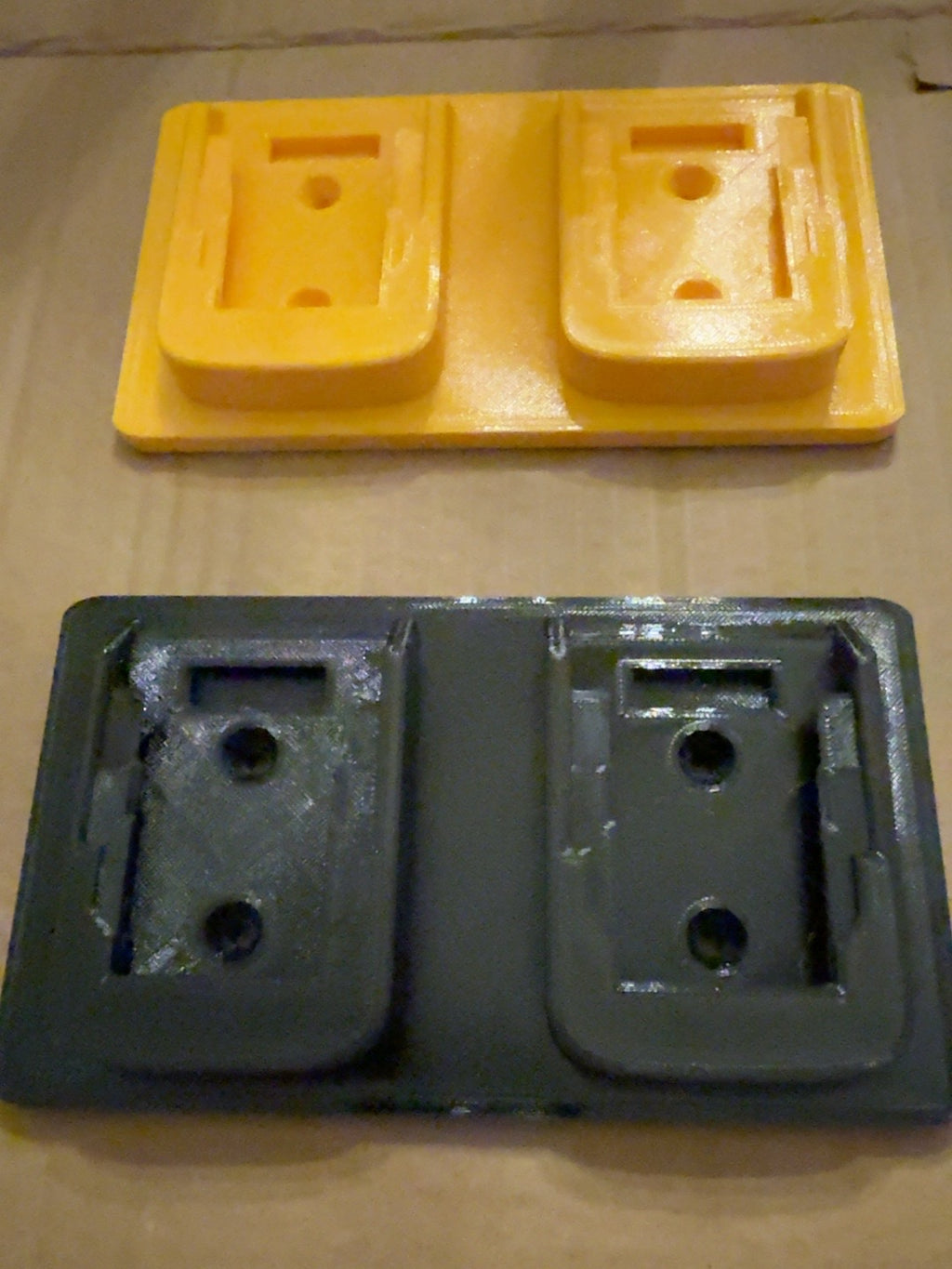 Black and yellow PETG dual battery holders compatible with DEWALT 20V MAX-style batteries, alternate view