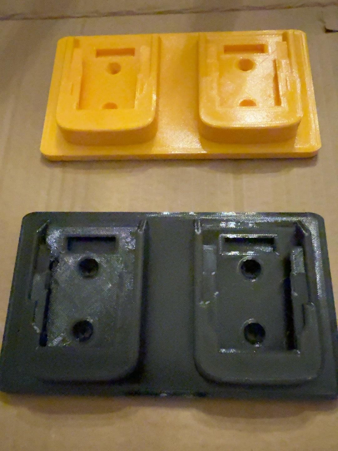 Black and yellow PETG dual battery holders compatible with DEWALT 20V MAX-style batteries, alternate view