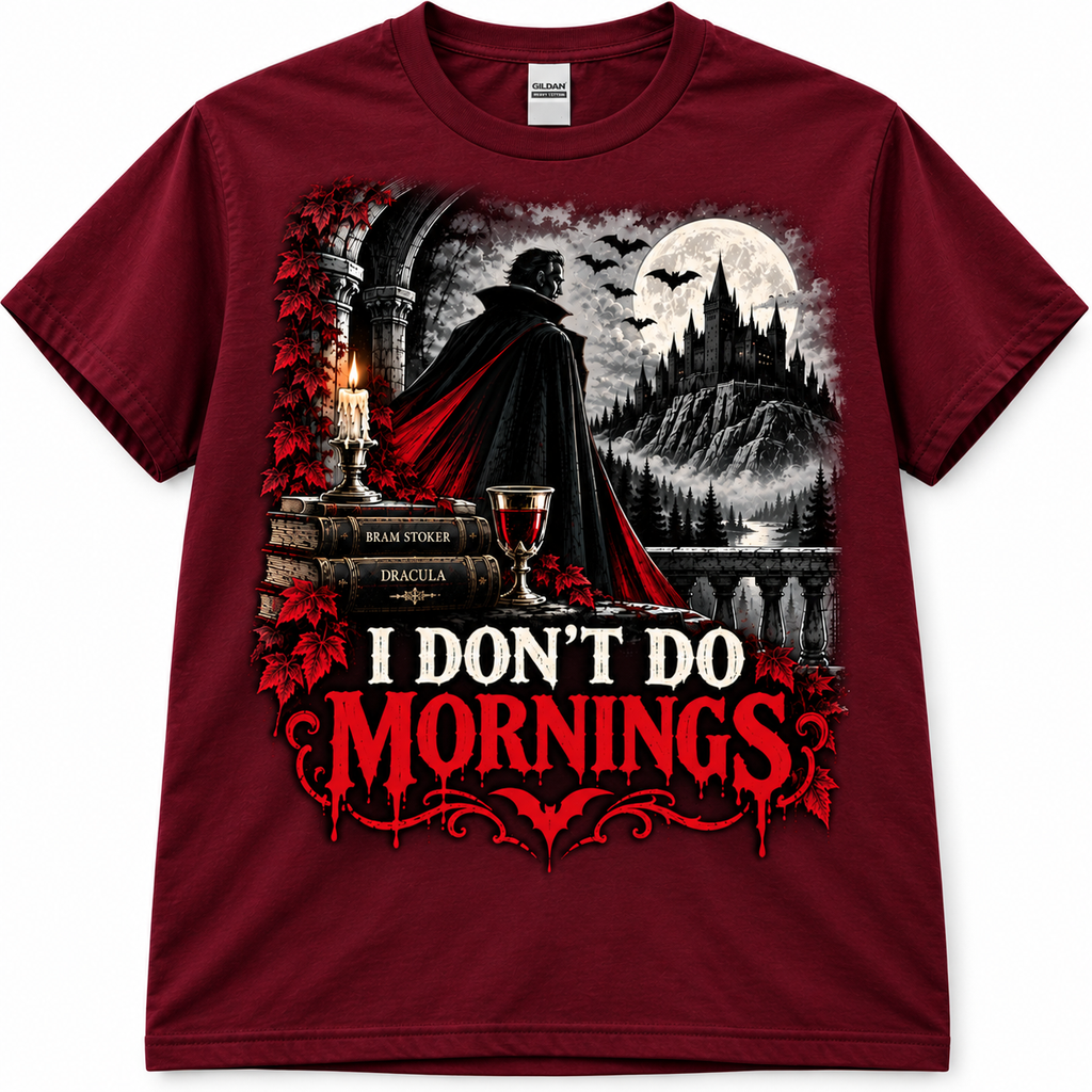 I Don't Do Mornings Dracula Maroon T-shirt