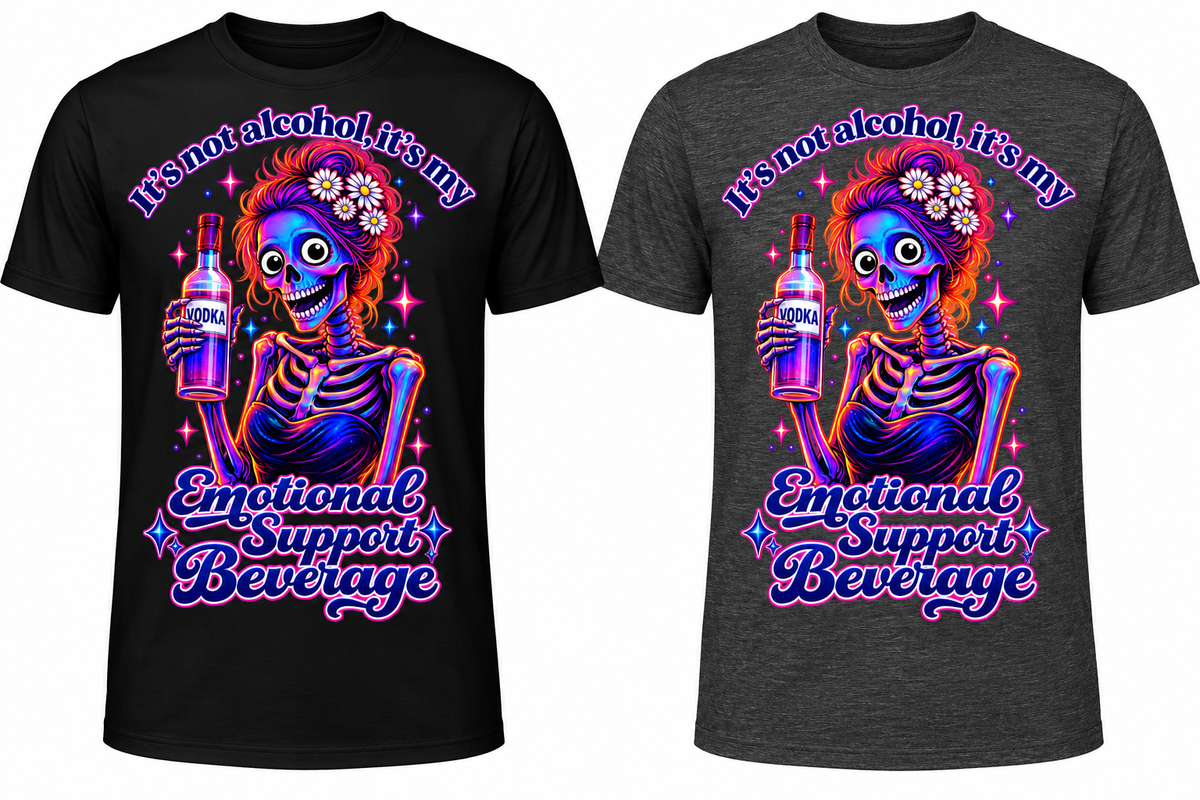 Emotional Support Beverage skeleton vodka DTF T-shirt in Black and Dark Heather