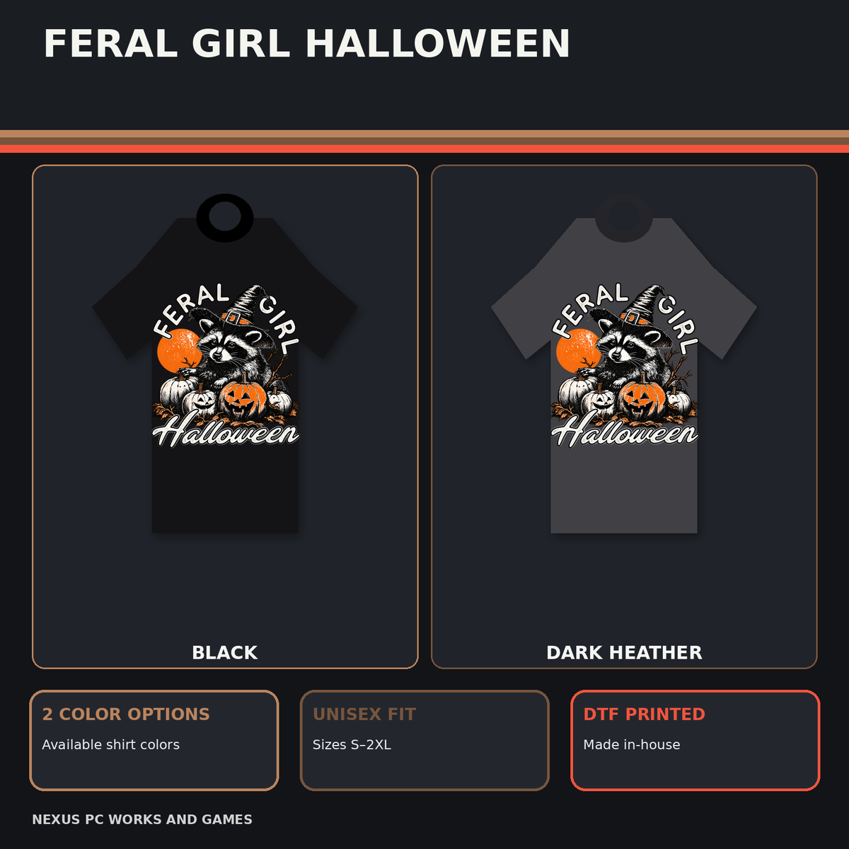 Feral Girl Halloween raccoon witch tee shown in black and dark heather, in adult and youth sizes