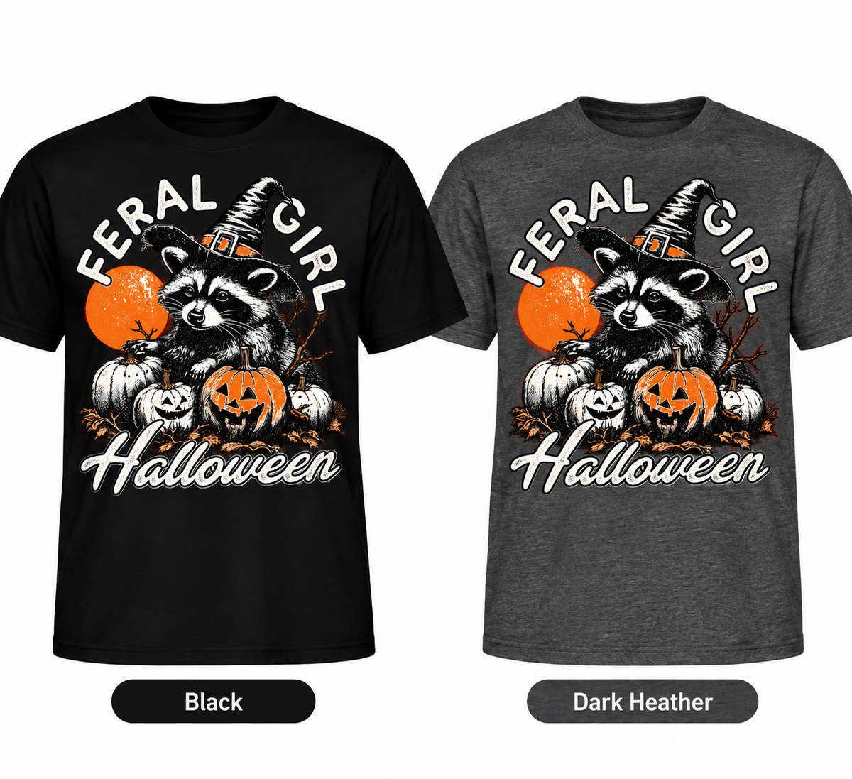 Feral Girl Halloween raccoon DTF T-shirt in Black and Dark Heather