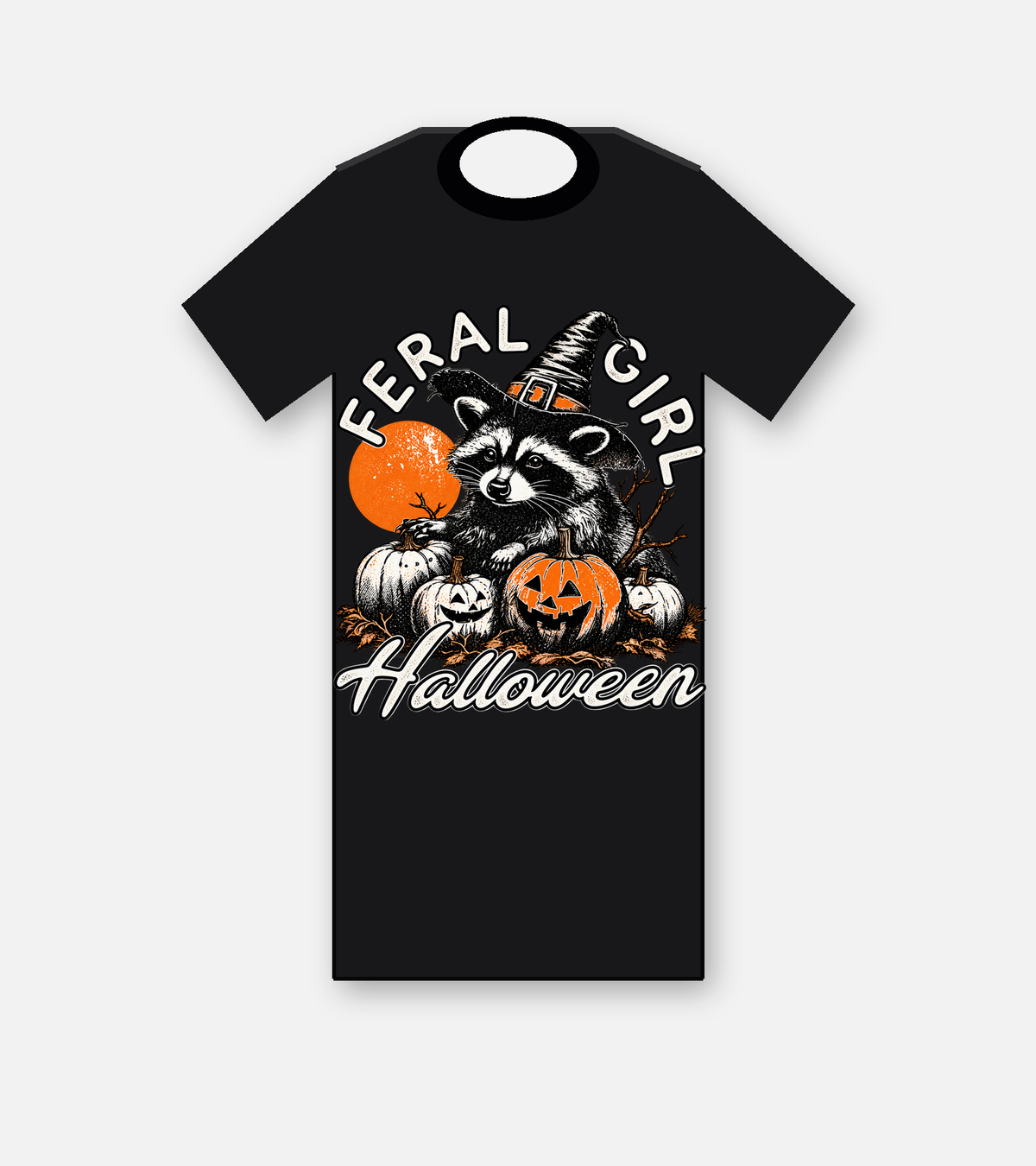 Feral Girl Halloween graphic tee in black, featuring a witch-hat raccoon with pumpkins in a distressed vintage design
