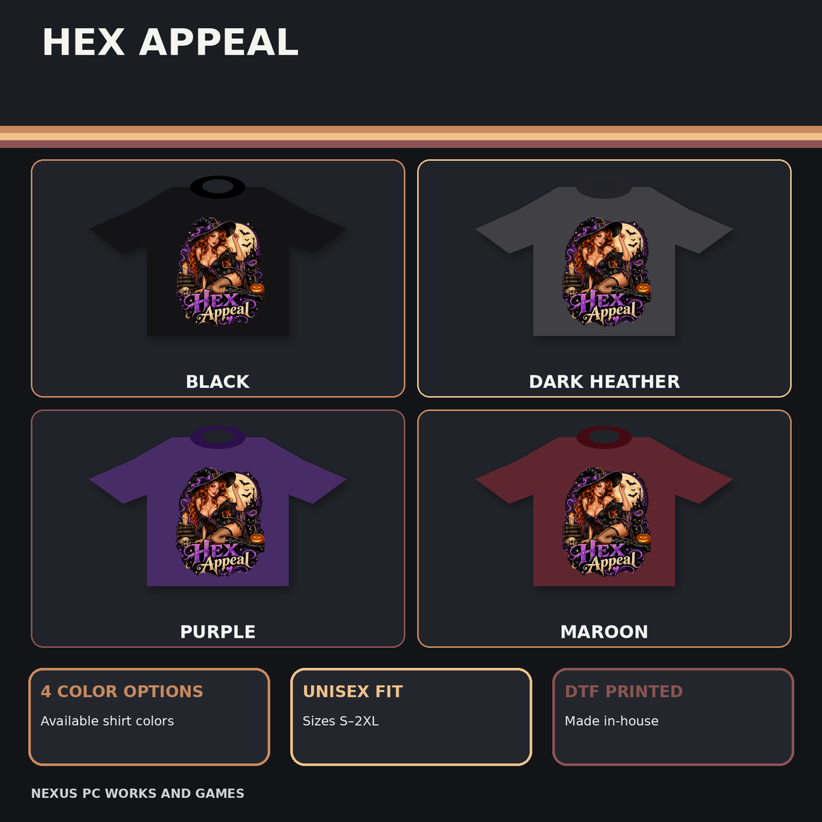 Hex Appeal witch Halloween tee shown in black, dark heather, purple and maroon