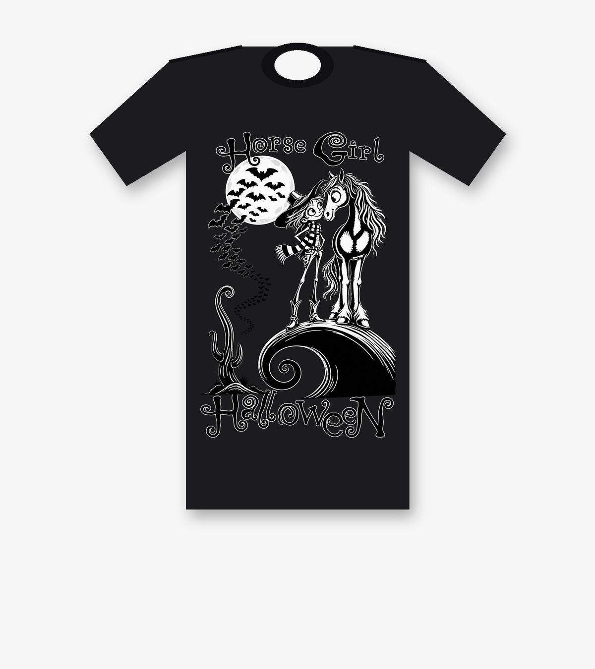 Horse Girl Halloween gothic graphic tee in black, featuring a girl and her horse beneath a moon and bats with Western details