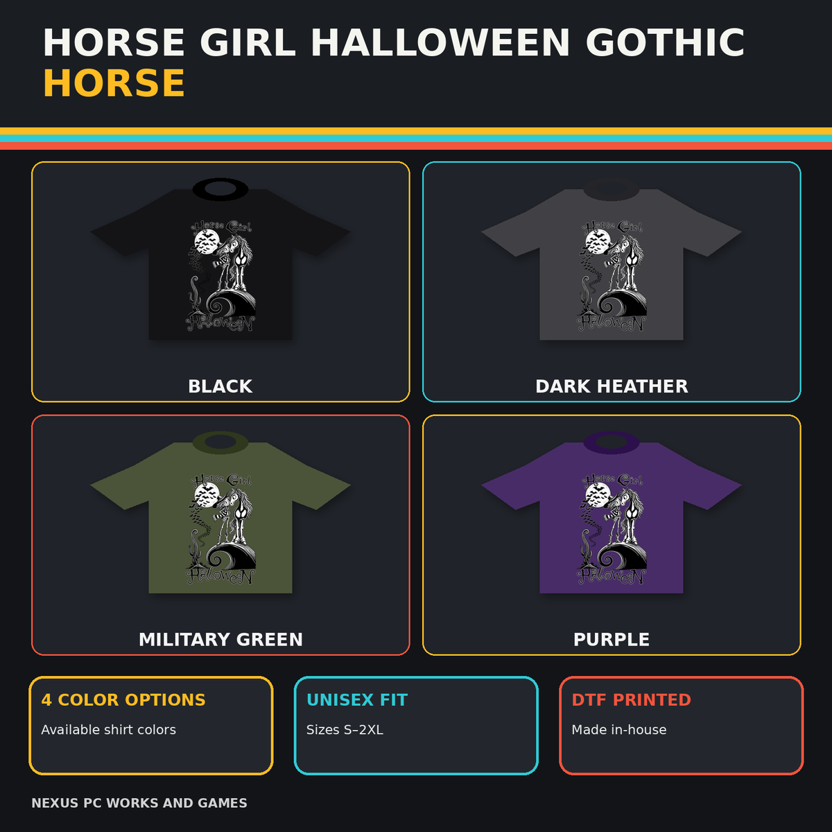 Horse Girl Halloween gothic horse tee shown in black, dark heather, military green and purple