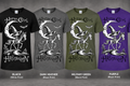 Horse Girl Halloween witch rider T-shirt mockups in Black, Dark Heather, Military Green, and Purple