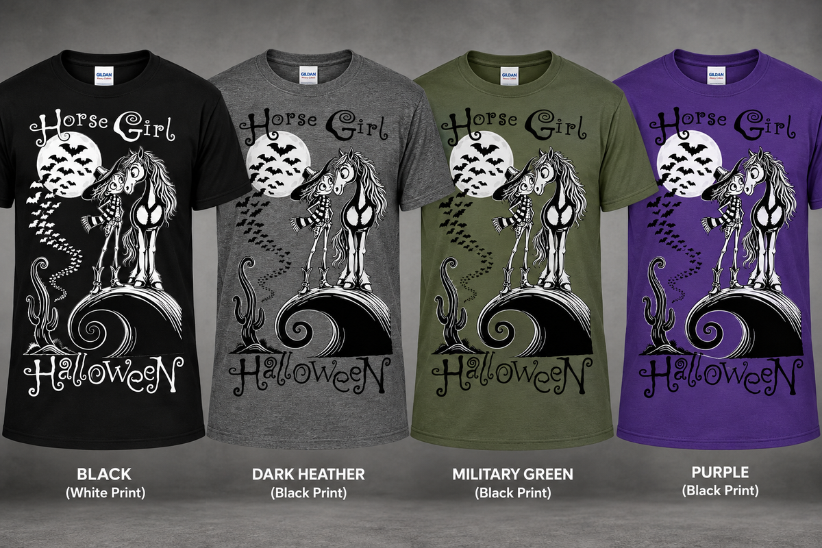 Horse Girl Halloween T-shirt mockups in Black, Dark Heather, Military Green, and Purple