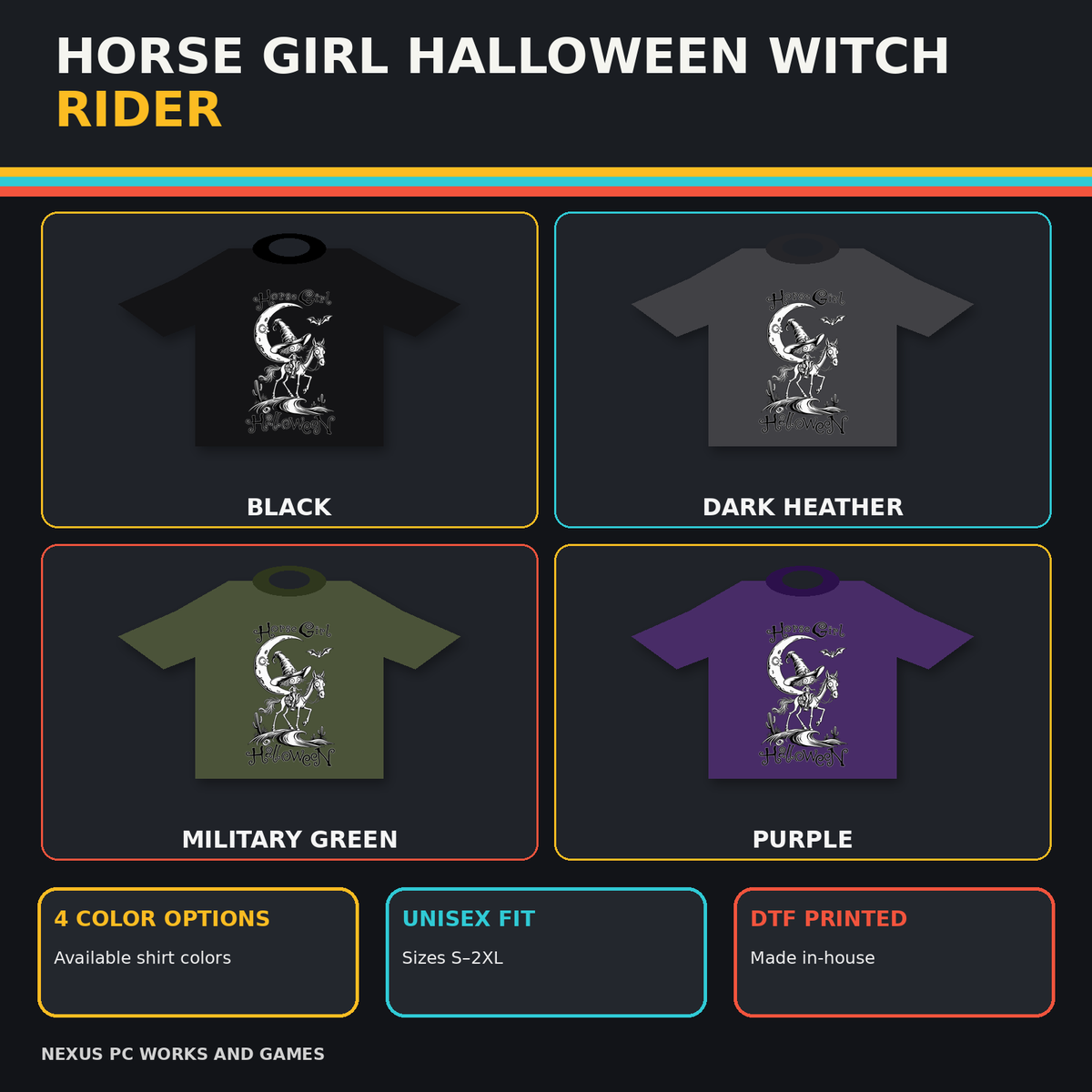 Horse Girl Halloween witch rider tee shown in black, dark heather, military green and purple