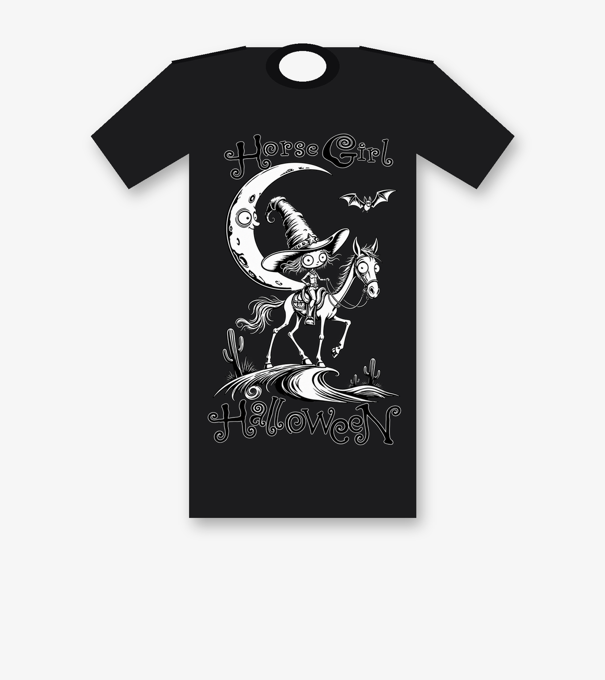 Horse Girl Halloween witch rider graphic tee in black, featuring a witchy horse girl riding beneath a crescent moon with a bat and cactus
