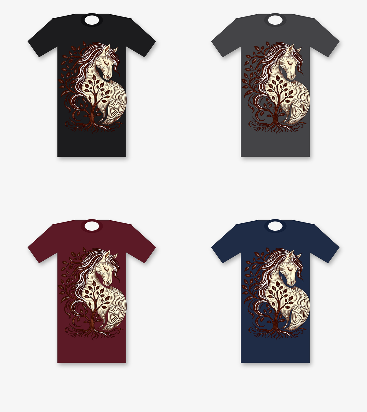 Horse Tree of Life T-shirt color collage in Black, Dark Heather, Maroon, and Navy