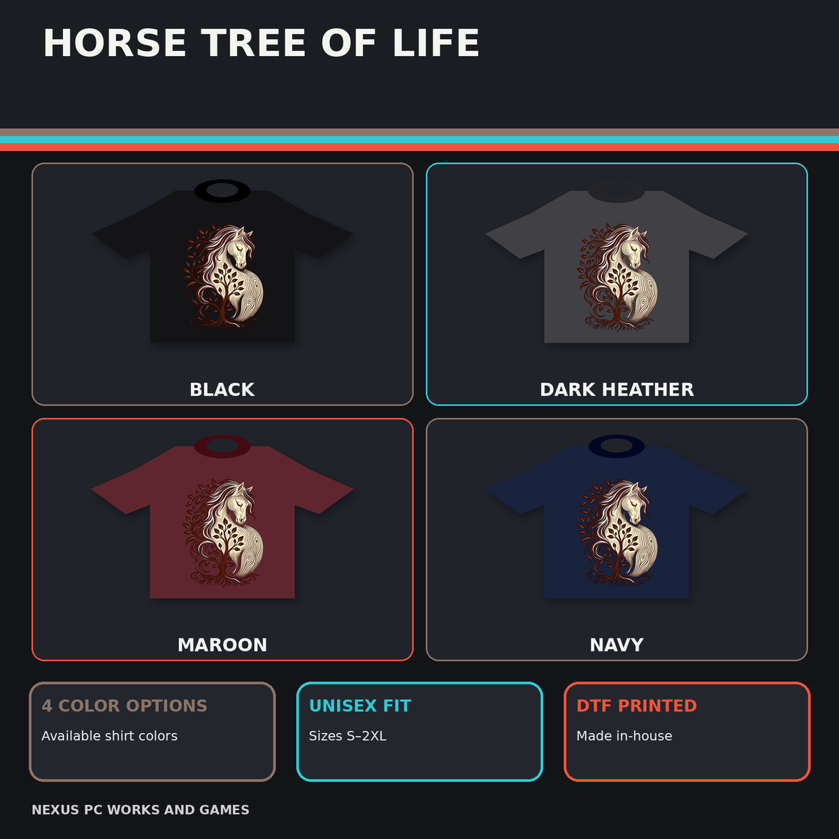 Horse Tree of Life T-shirt promotional collage with available color options and product benefits