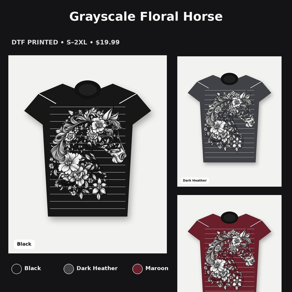 Grayscale Floral Horse T-Shirt promotional collage with available shirt colors