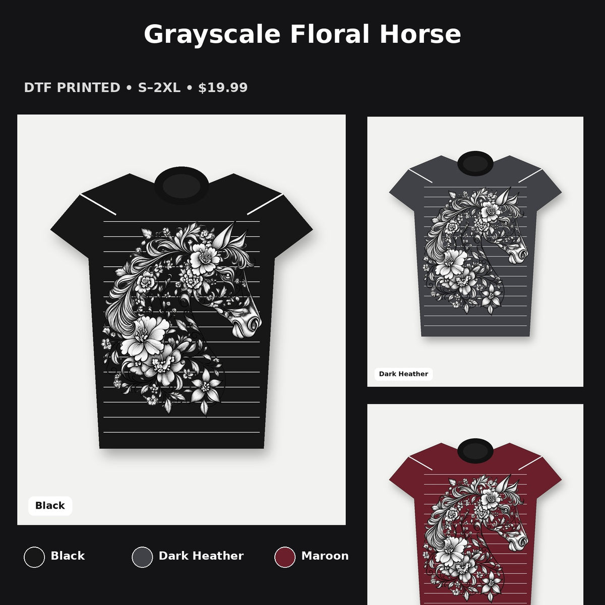 Grayscale Floral Horse T-Shirt promotional collage with available shirt colors