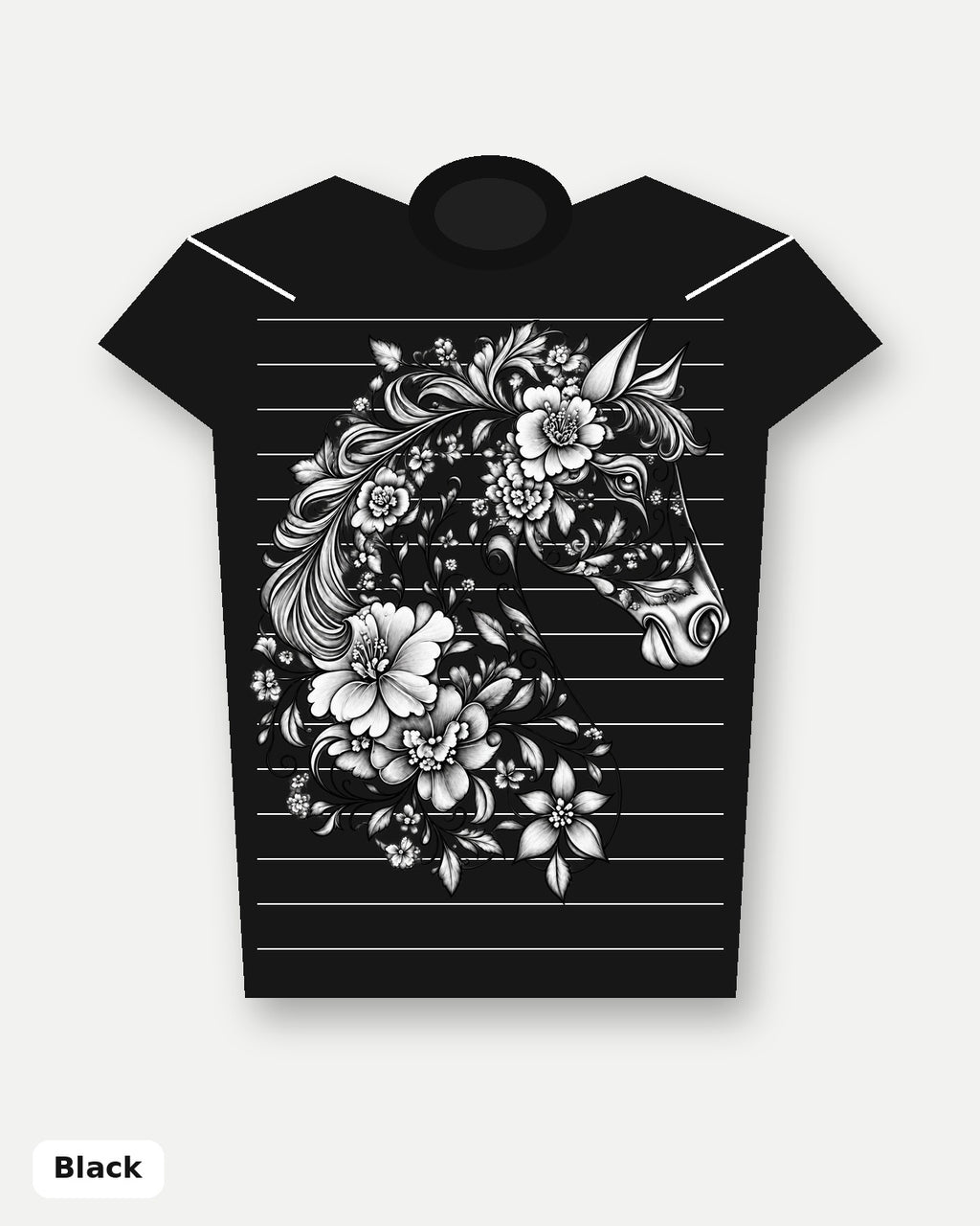 Black Ink Floral Horse T-Shirt - Black
