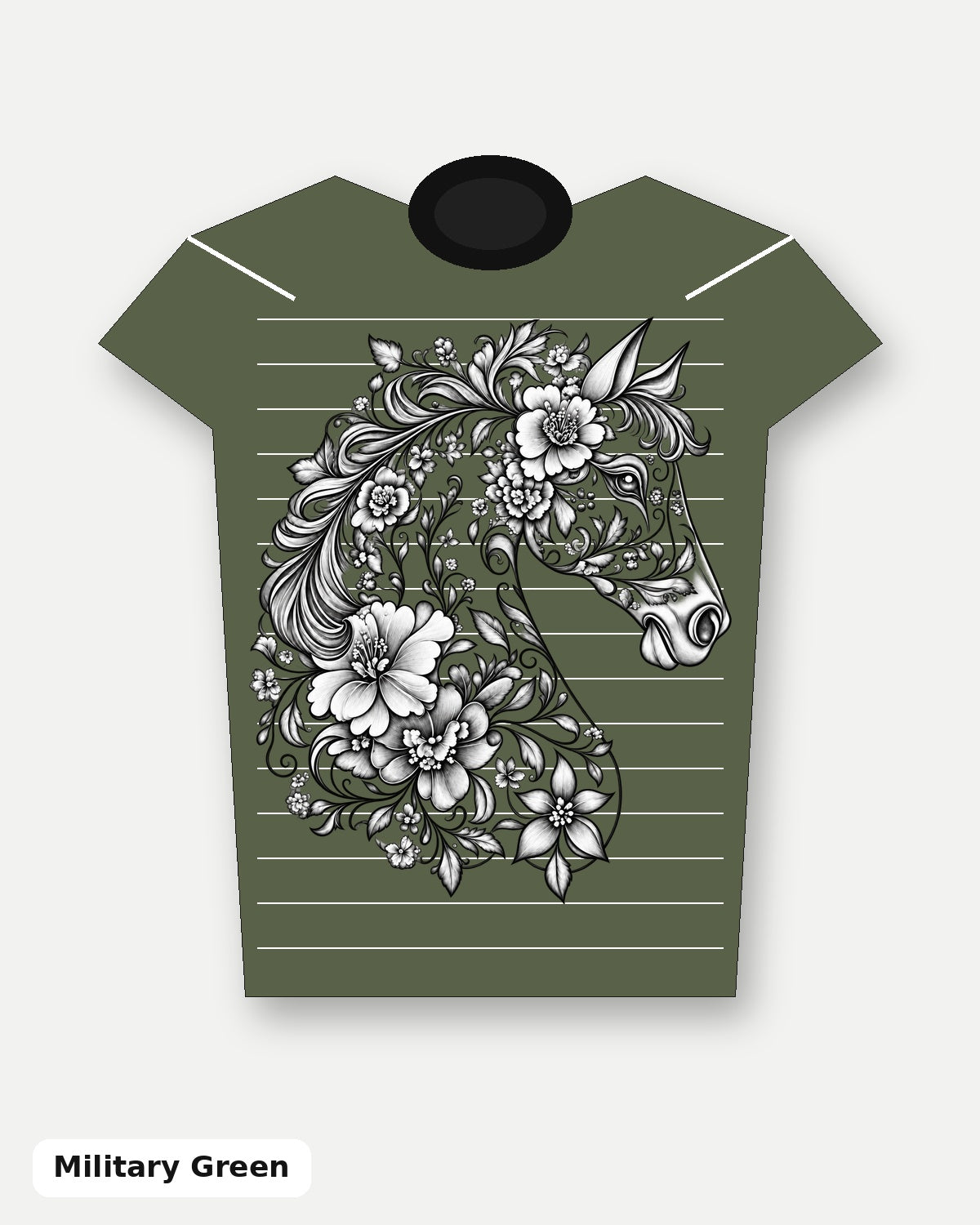 Black Ink Floral Horse T-Shirt - Military Green