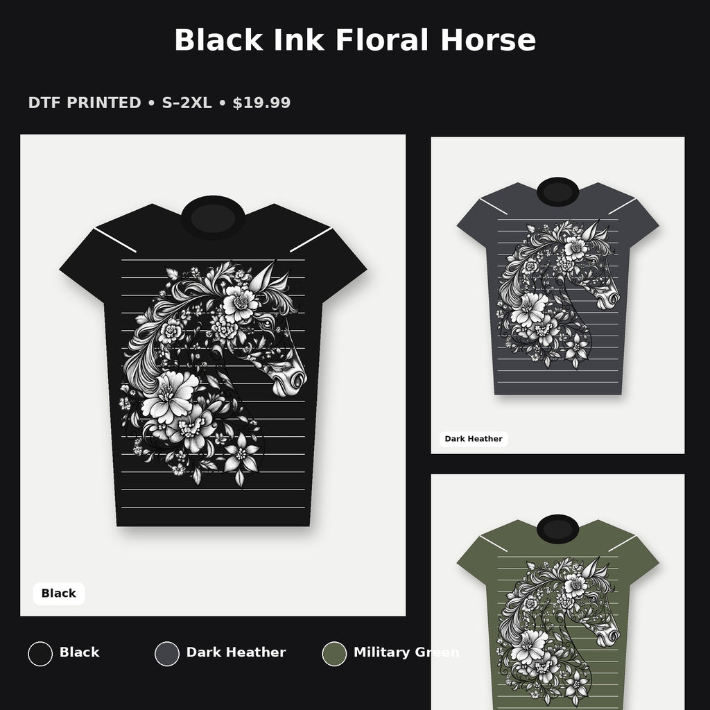 Black Ink Floral Horse T-Shirt promotional collage with available shirt colors