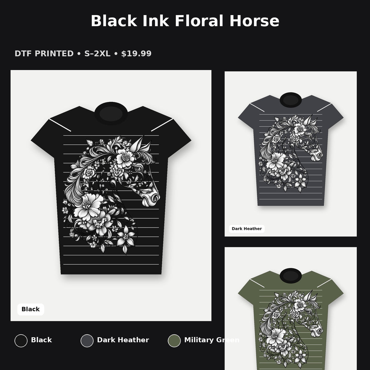 Black Ink Floral Horse T-Shirt promotional collage with available shirt colors