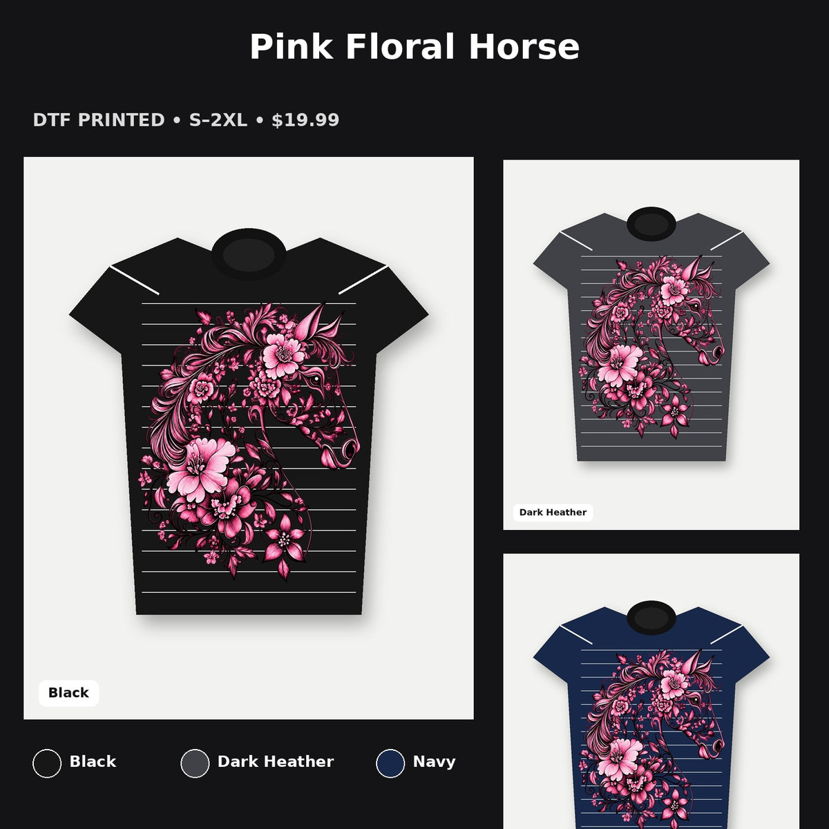 Pink Floral Horse T-Shirt promotional collage with available shirt colors