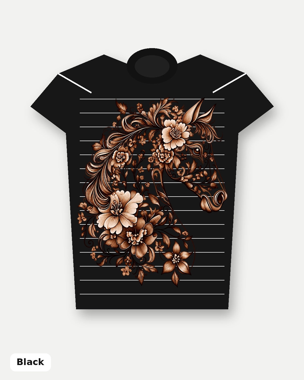 Sepia Floral Horse T-Shirt - Black