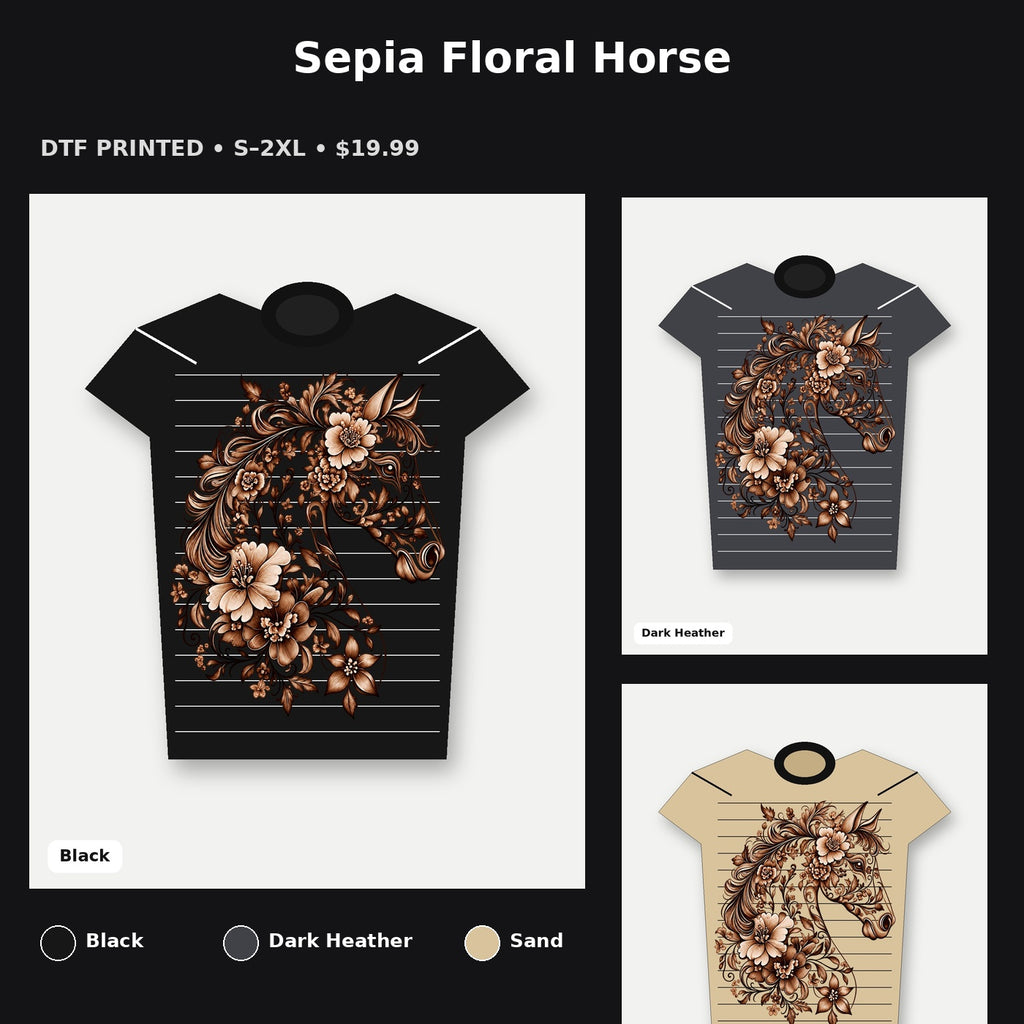 Sepia Floral Horse T-Shirt promotional collage with available shirt colors