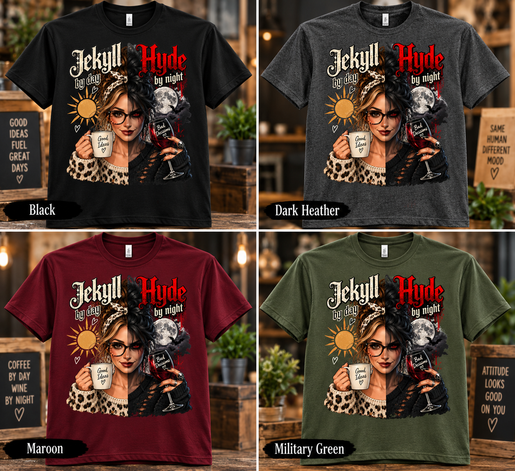 Jekyll by Day Hyde by Night available shirt colors