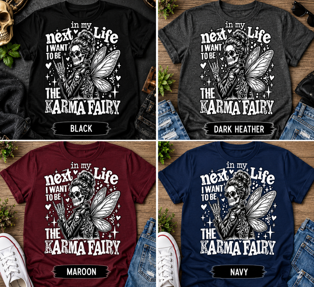 Karma Fairy T-shirt available in black dark heather maroon and navy