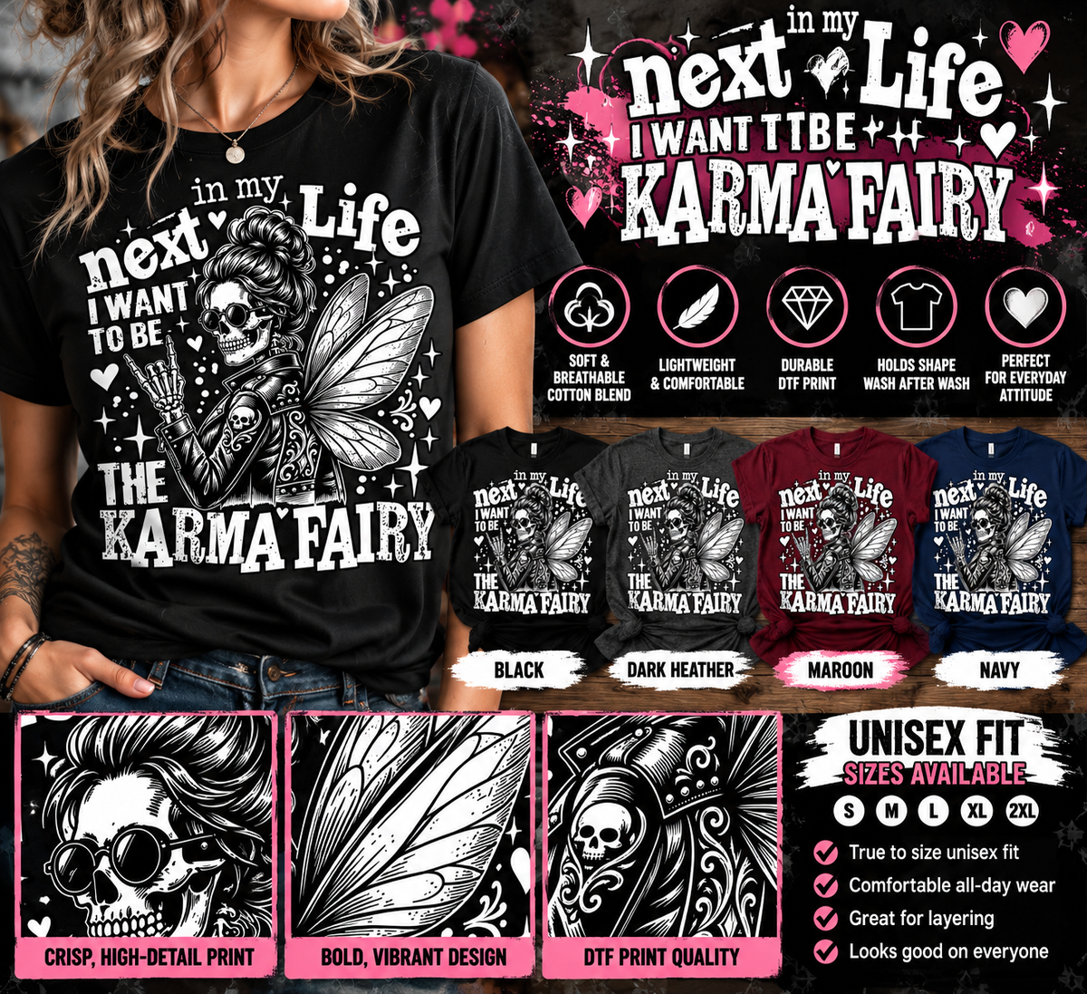 Karma Fairy T-shirt features colors sizing and DTF print benefits