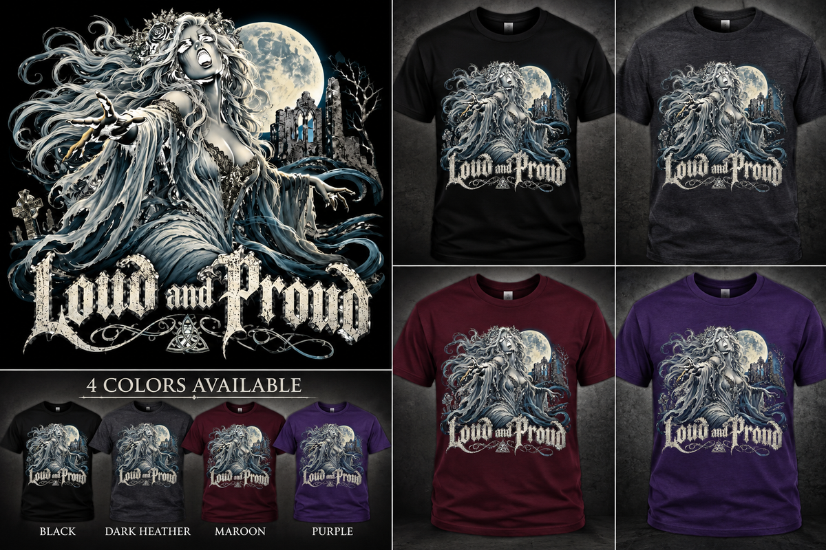 Loud and Proud Banshee T-shirt collage in black, dark heather, maroon and purple