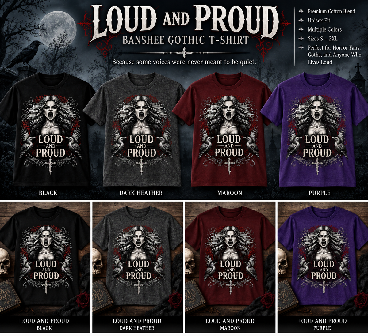 Loud and Proud Banshee T-shirt collage in black dark heather maroon and purple