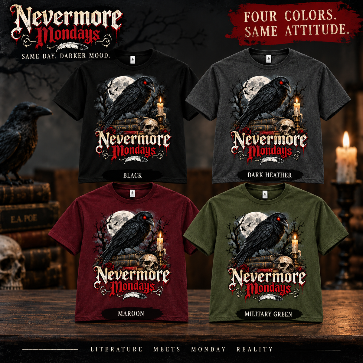 Nevermore Mondays gothic raven T-shirt color collage
