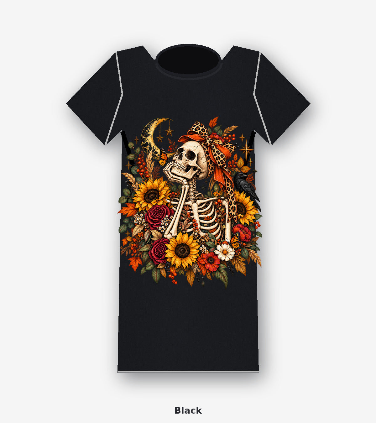 Autumn Moon Skeleton Floral Graphic T-Shirt in Black