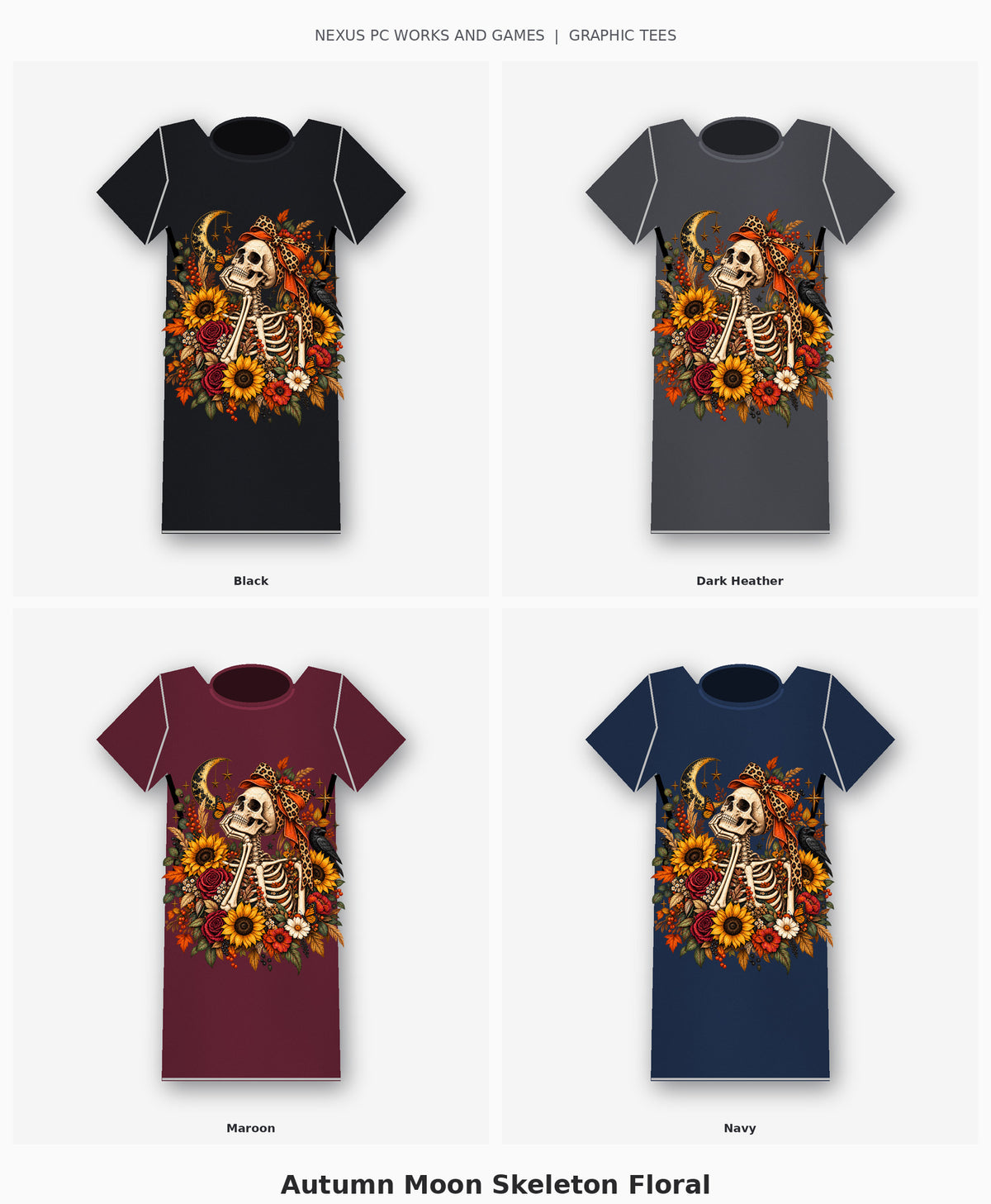 Autumn Moon Skeleton Floral Graphic T-Shirt four-color selection