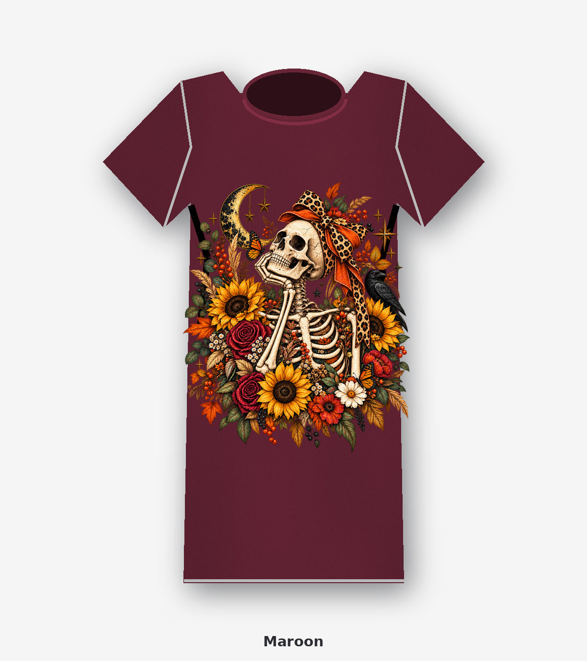 Autumn Moon Skeleton Floral Graphic T-Shirt in Maroon