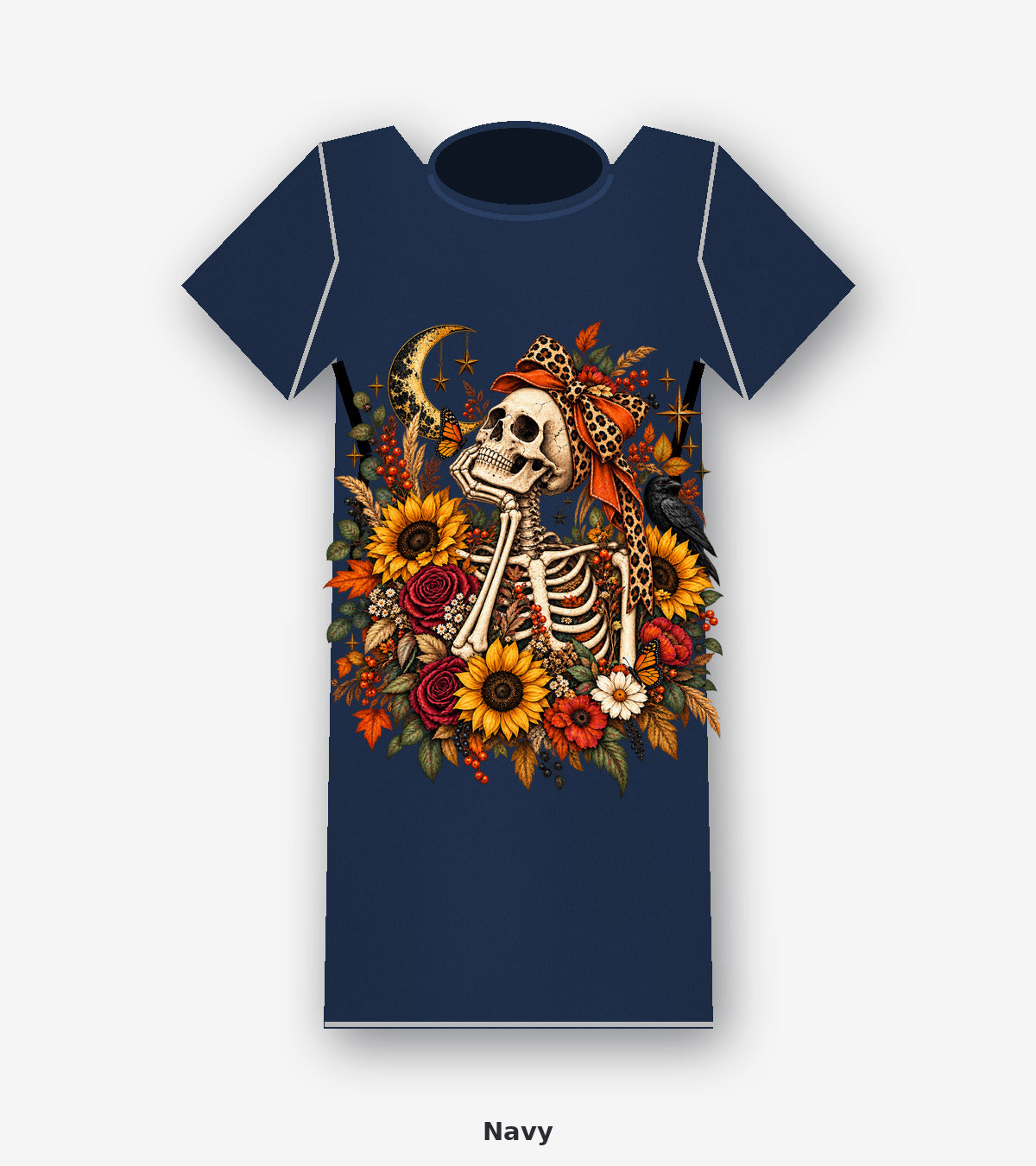 Autumn Moon Skeleton Floral Graphic T-Shirt in Navy