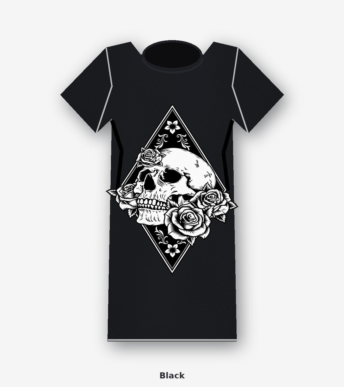 Blackwork Skull and Roses Diamond Graphic T-Shirt in Black